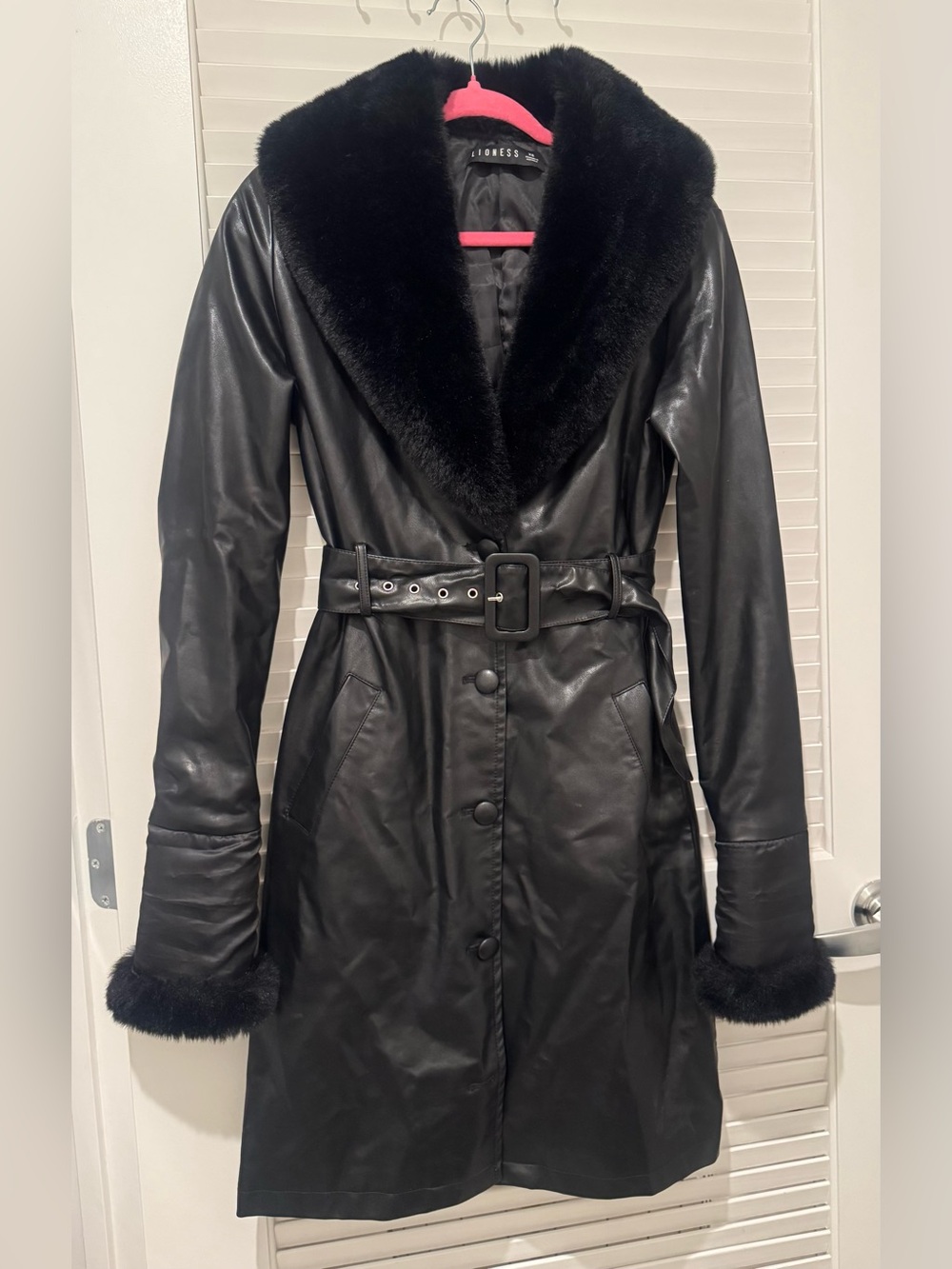 Lioness Black Faux Leather Trench Coat with Fur Trim